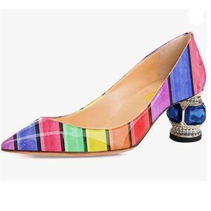 FSJ Rainbow Bridal Pointed Toe Chunky Block Low Heel Crystal Pumps Wedding Shoes